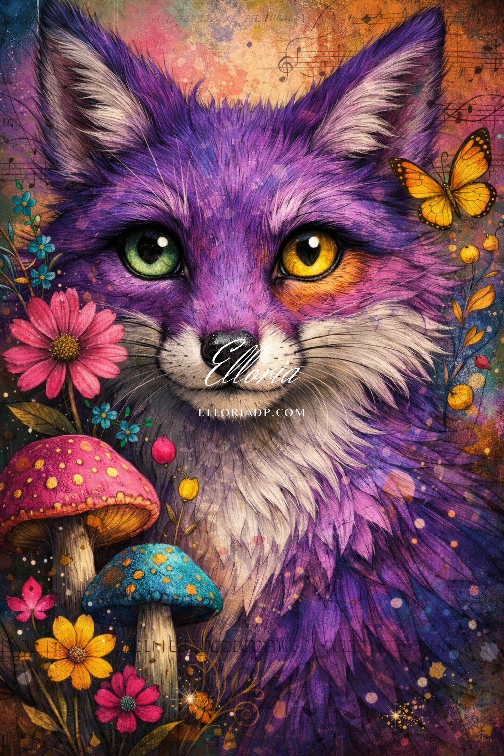 Diamond Painting Renard Violet & Fleurs Enchantées – Regard Mystique | Elloria