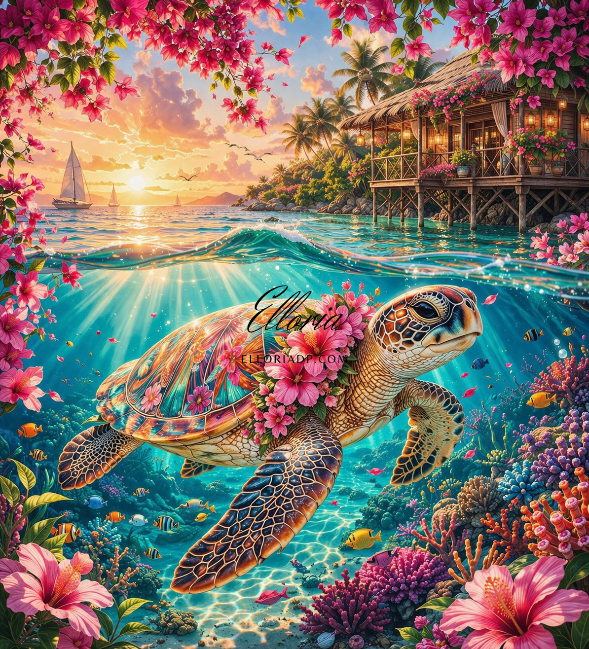 Diamond Painting Tortue Tropicale & Océan Fleuri – Évasion Paradisiaque | Elloria