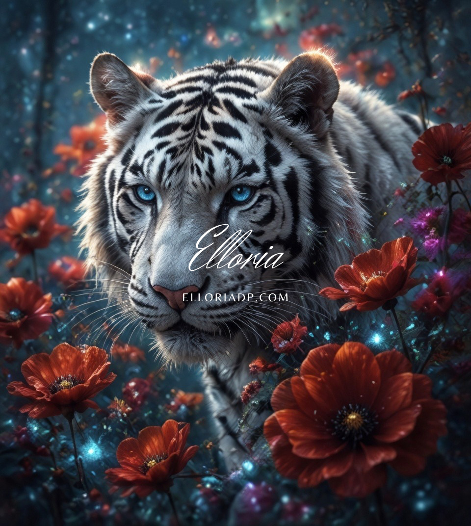 Tigre Blanc aux Coquelicots Enchantés Diamond painting Elloria