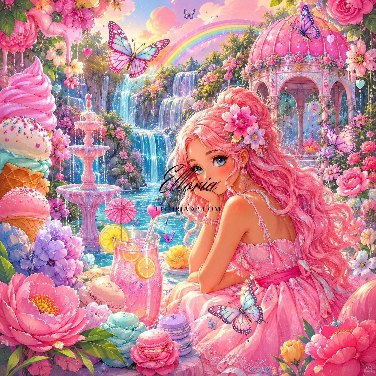 Diamond Painting Jardin des Douceurs Enchantées – Jeune Femme Fantasy, Cascade Arc-en-Ciel & Gourmandises | Collection Premium Elloria