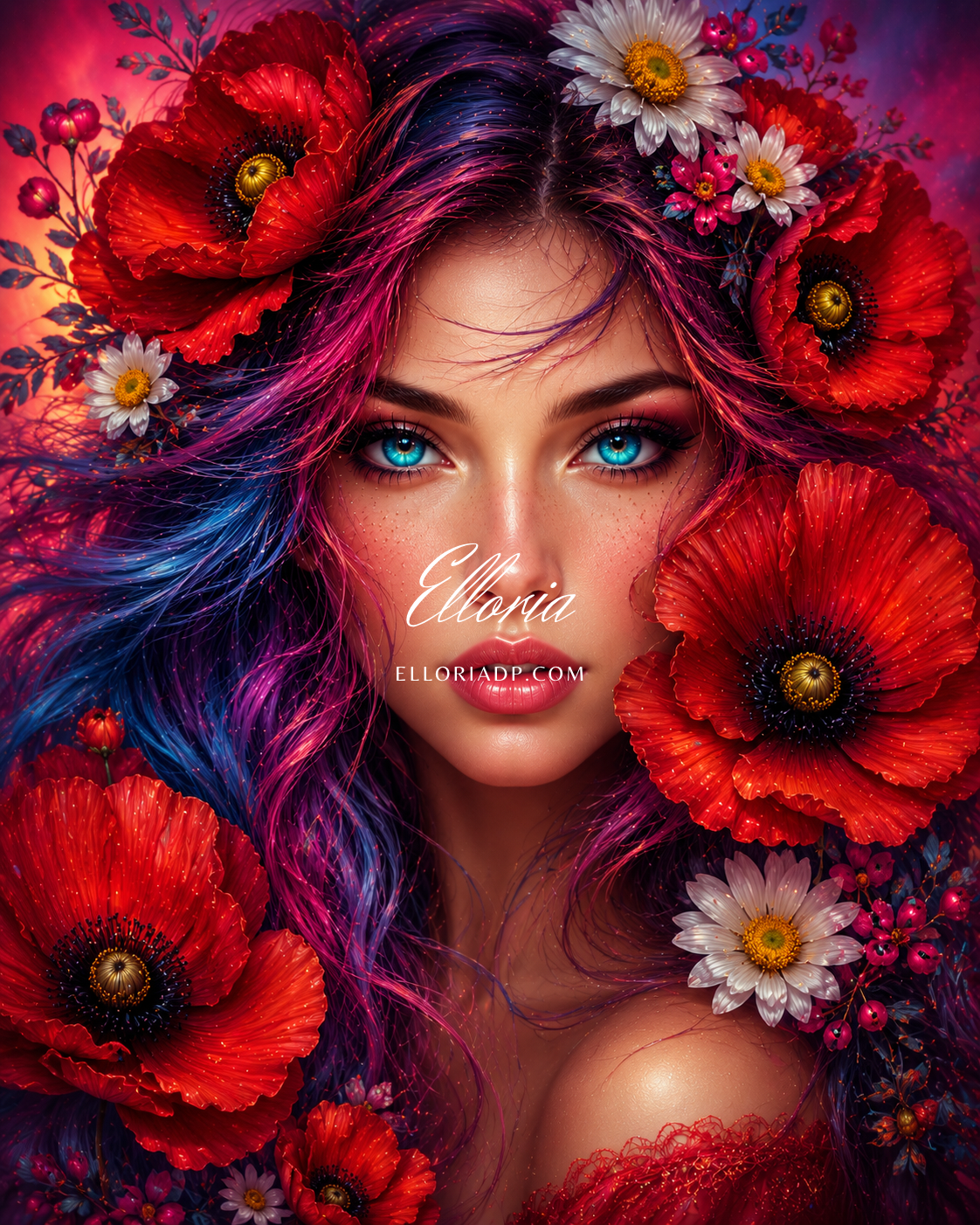 La Dame aux Coquelicots de Feu – Diamond Painting Portrait Floral Éclatant | Elloria