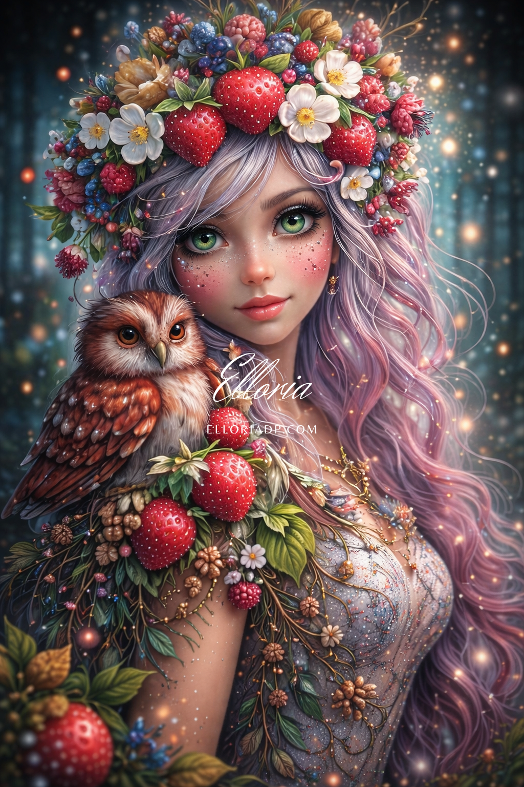 Diamond Painting Femme Féerique aux Fraises & Chouette – Éclat Naturel | Elloria