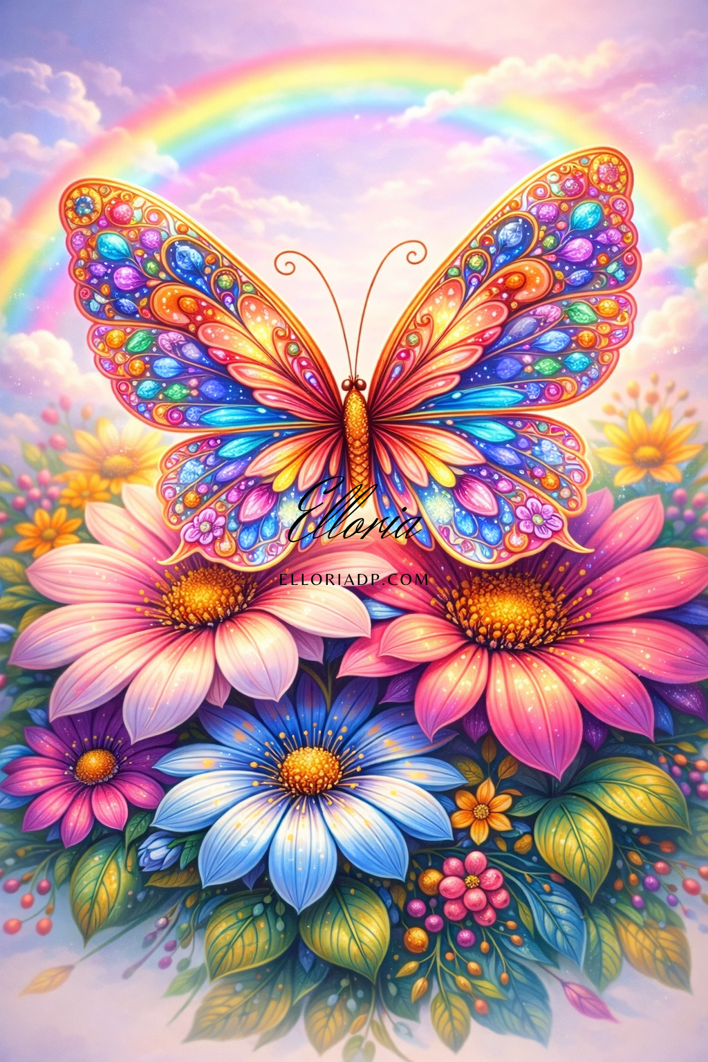 Diamond Painting Papillon Arc-en-Ciel & Fleurs Lumineuses – Harmonie Colorée | Elloria