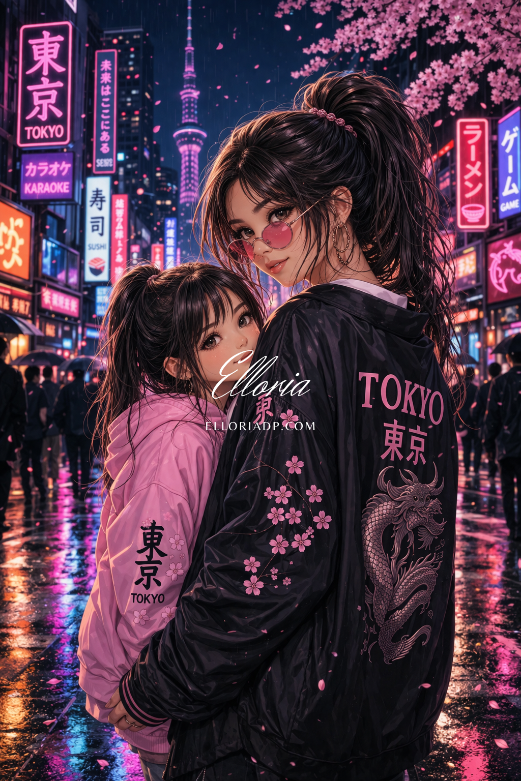 Diamond Painting Duo Tokyo Néon & Cerisiers – Lien Éternel | Elloria