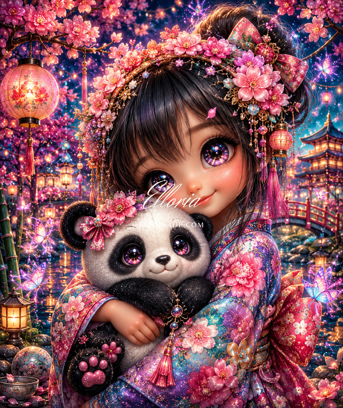 Hana et son Petit Panda des Lanternes 🏮 Diamond painting Elloria