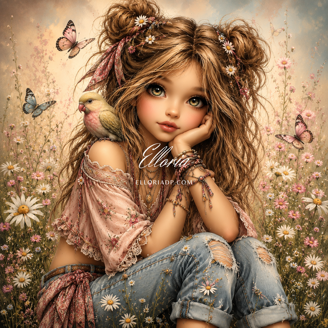 Marguerites & Liberté | Diamond Painting portrait bohème aux marguerites Elloria