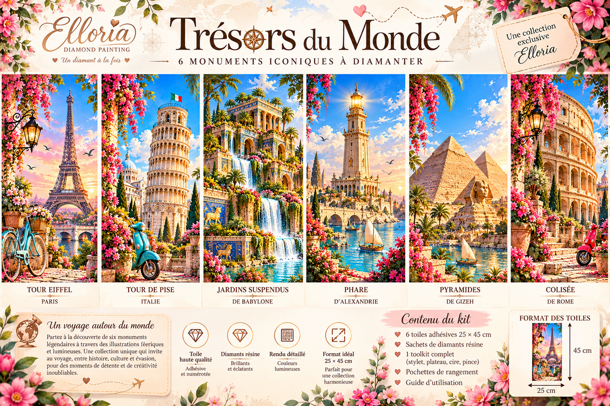 Trésors du Monde – Kit 6 Diamond Paintings Monuments 25 × 45 cm Elloria