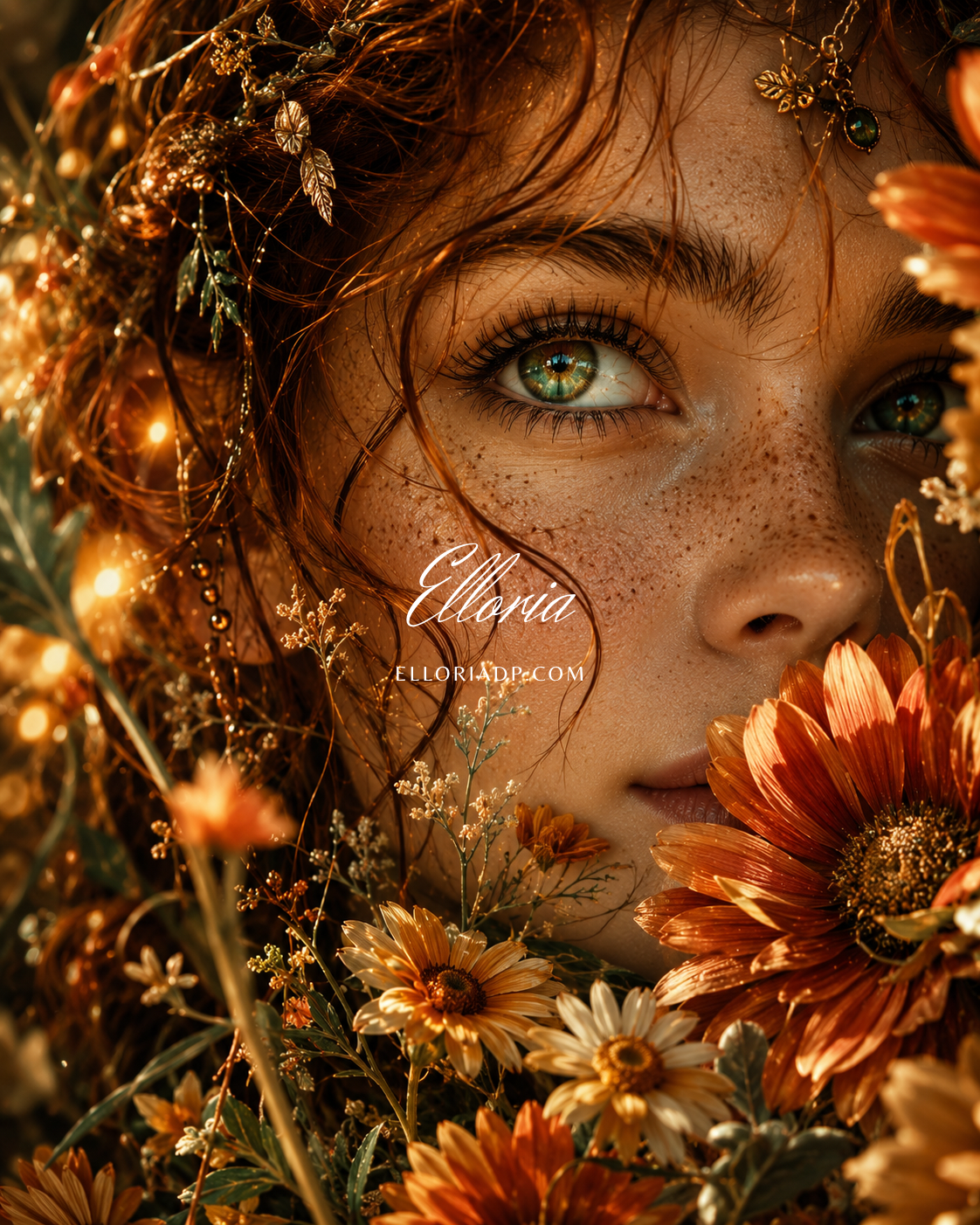 Éclat d’Ambre | Diamond Painting portrait femme et fleurs dorées Elloria