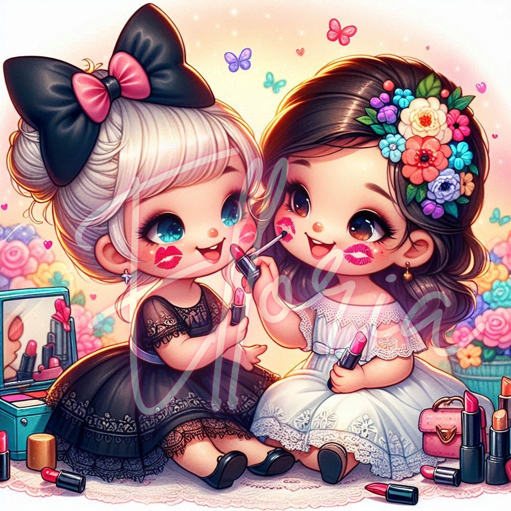 Diamond Painting Chibi Copines au Maquillage – Kit complet Elloria | Enfance kawaii et joyeuse