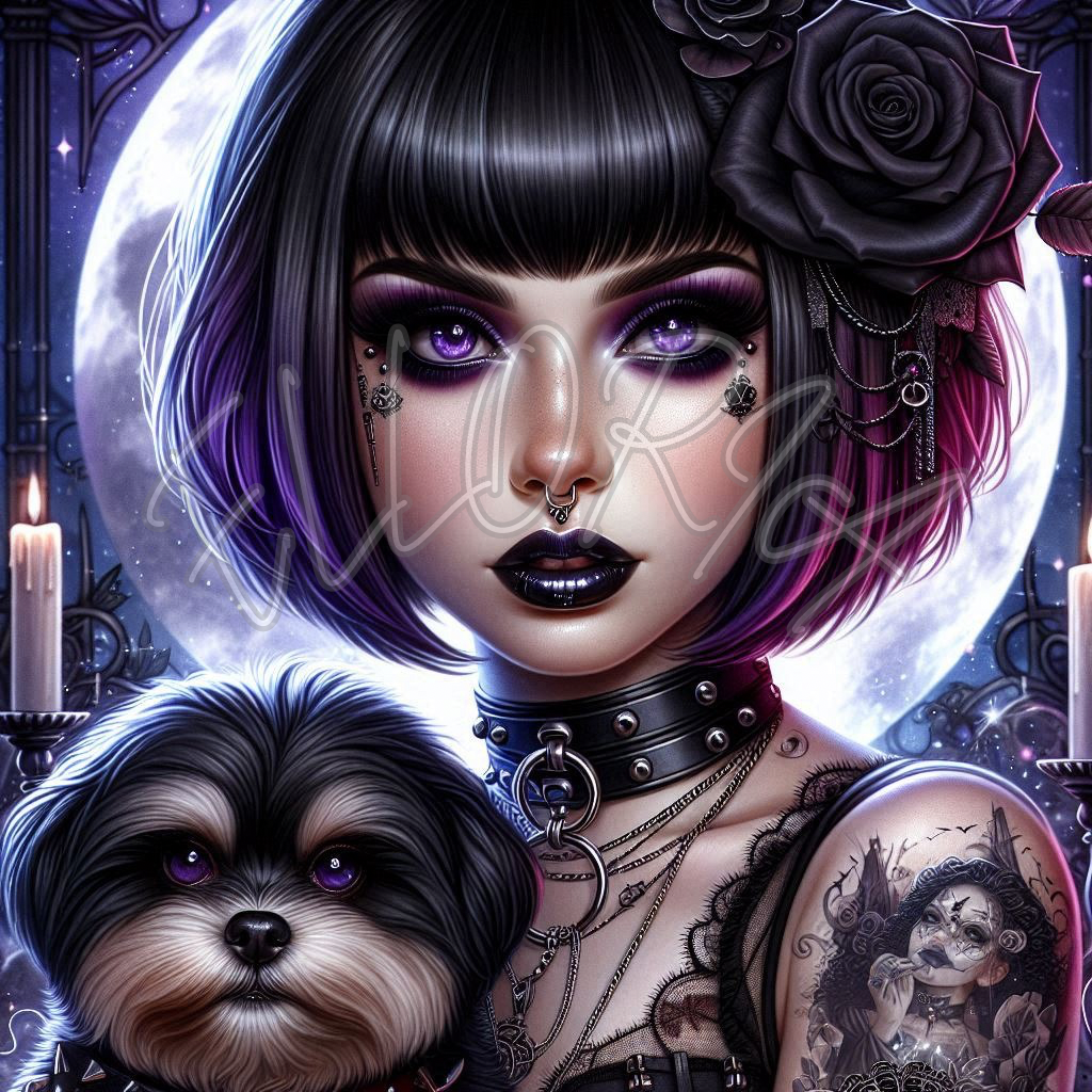 Diamond Painting Gothique Fille & Chien – Kit complet Elloria | Dark Fantasy