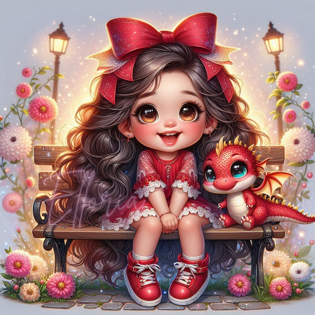 Diamond Painting Fille au Ruban Rouge et Petit Dragon – Kit complet Elloria