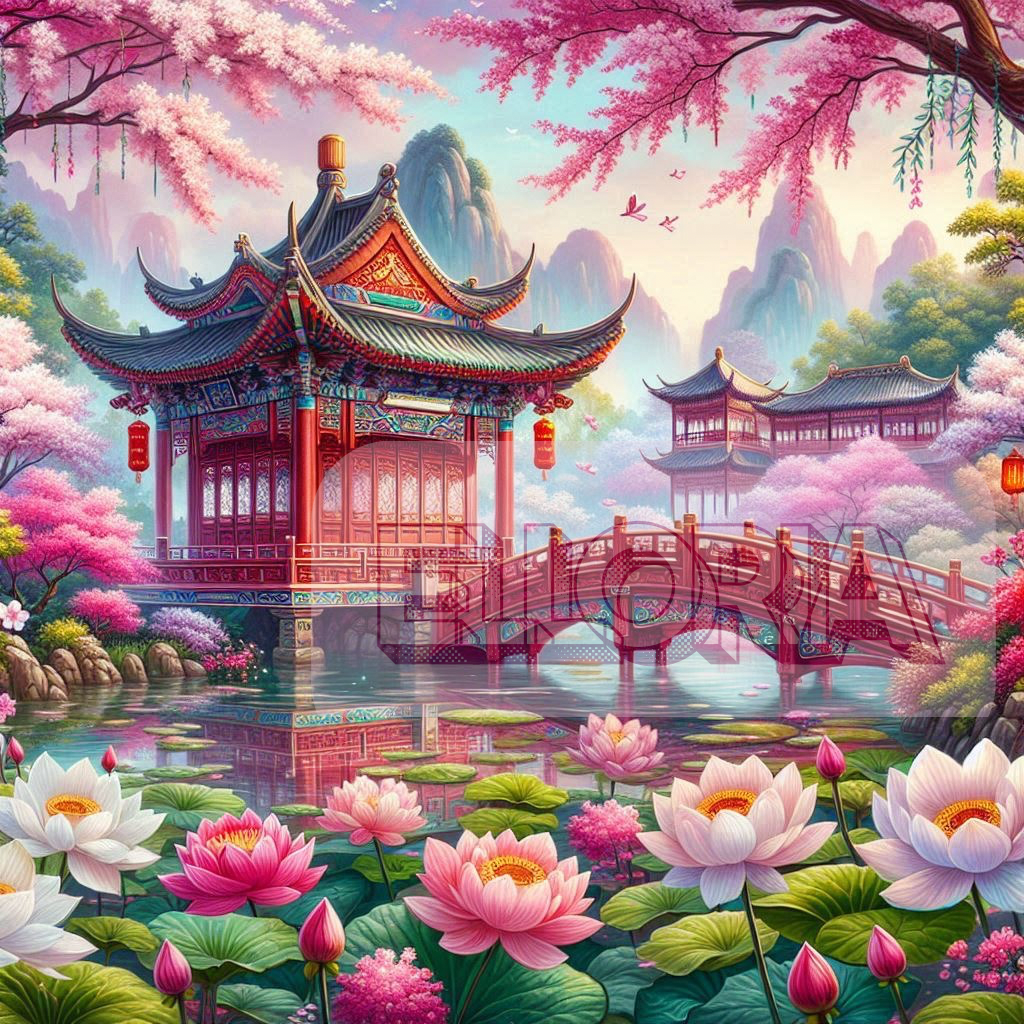 Kit Diamond Painting – Jardin asiatique en fleurs de lotus 🌸🏯