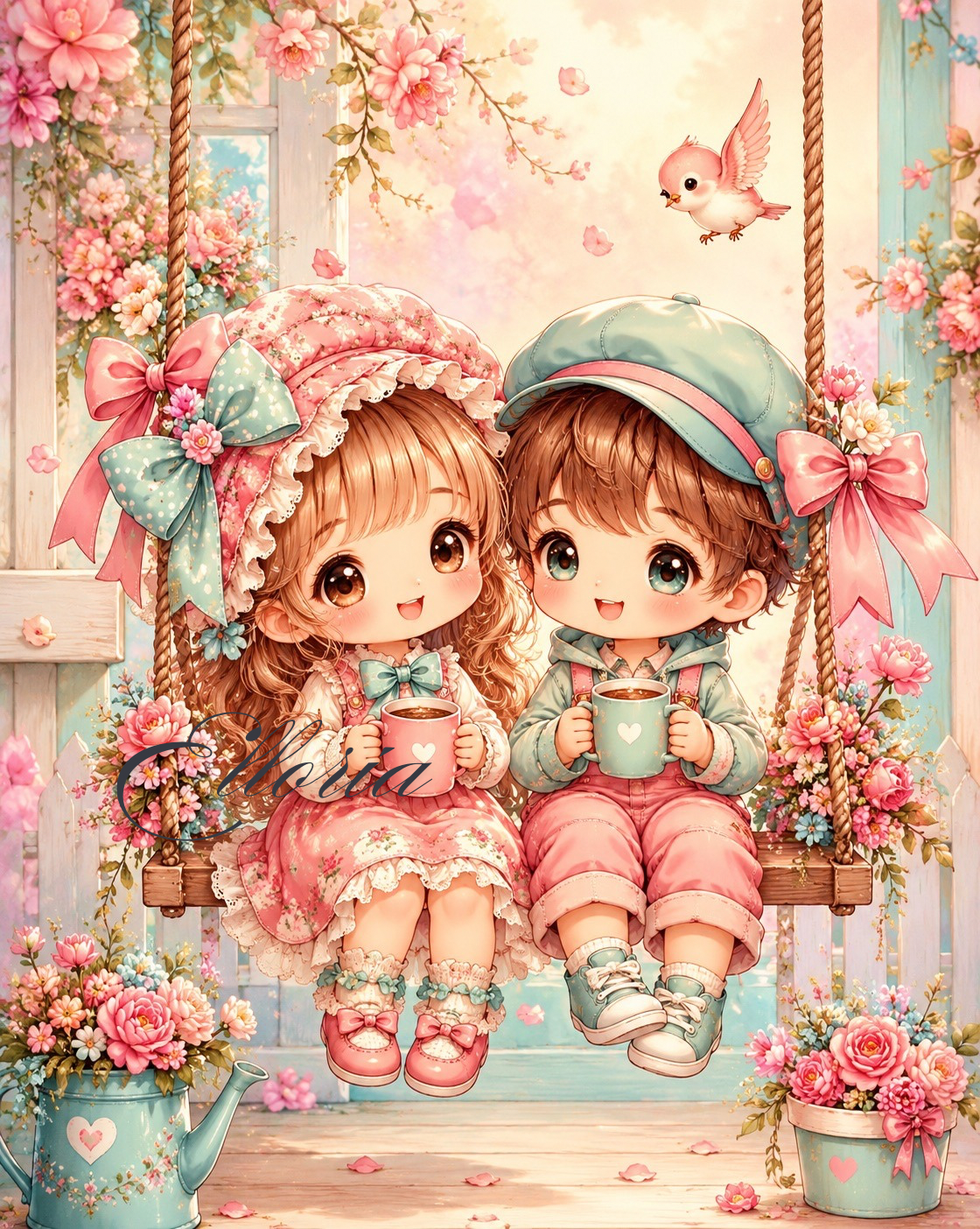 Diamond Painting Douce Complicité | Enfants sur une Balançoire Fleurie | Création Originale Elloria