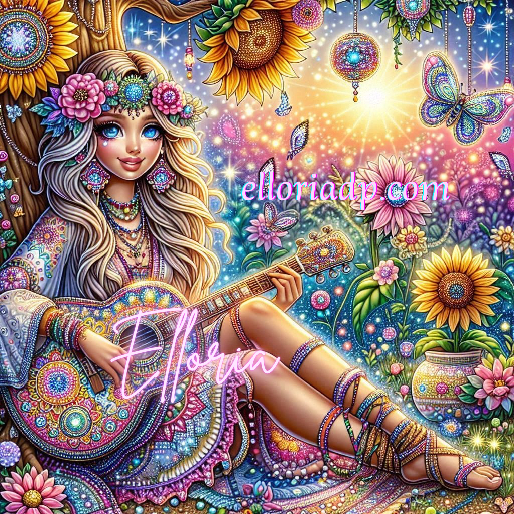 Diamond Painting Bohème Enchantée – Fée à la guitare et tournesols et papillons
