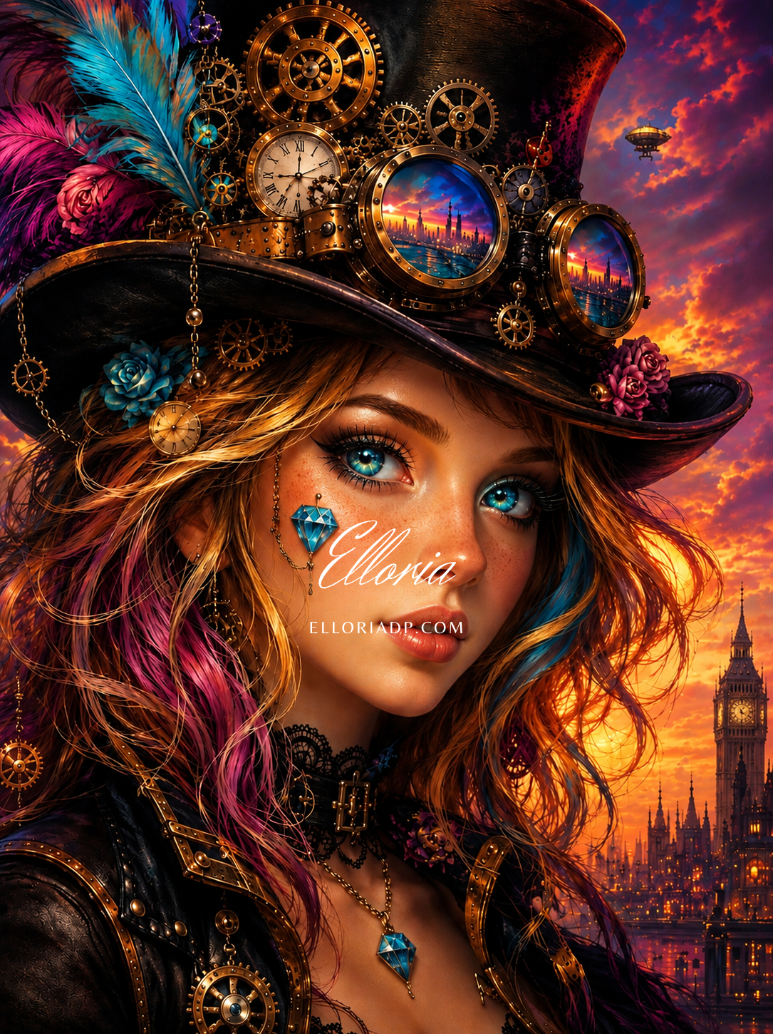 Diamond Painting Femme Steampunk Fantasy – Chapeau Victorien & Univers Mécanique | Collection Premium Elloria