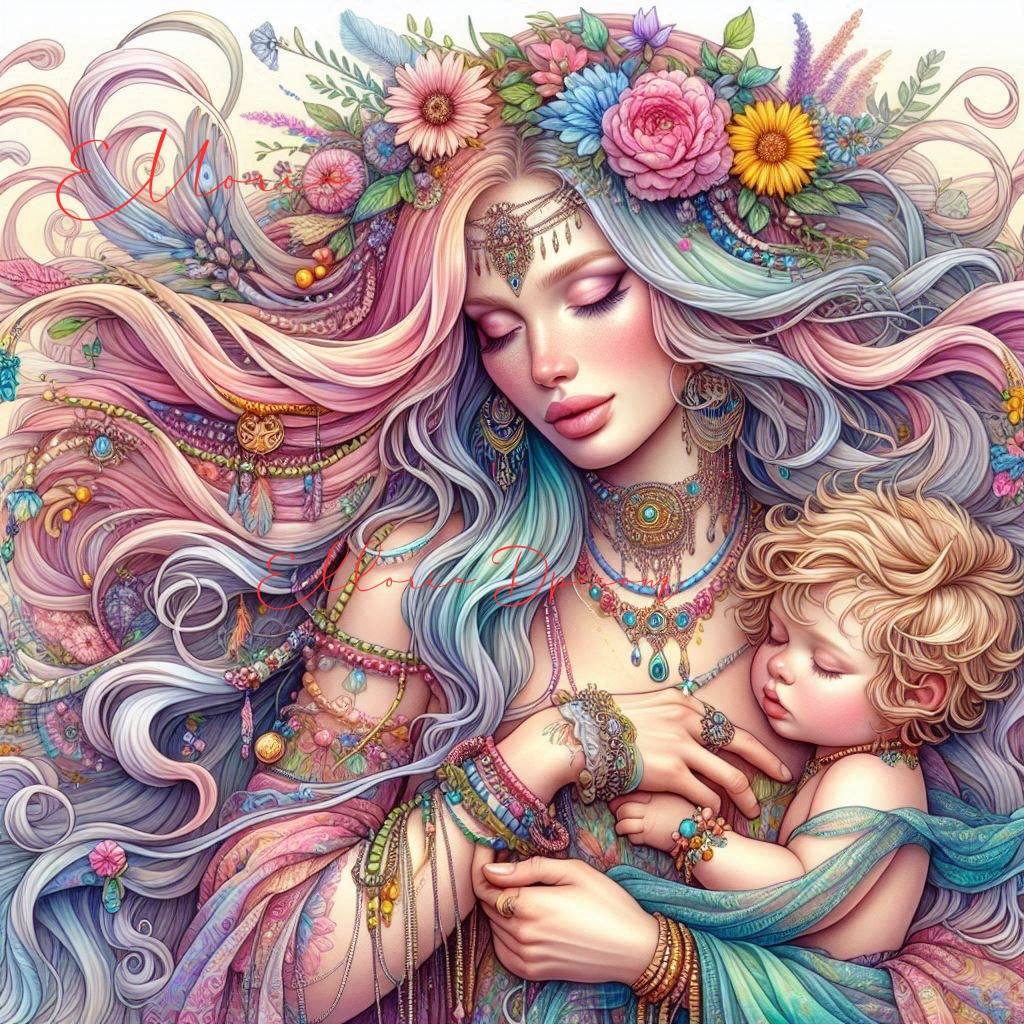 Kit Diamond Painting – Lysandra & Élio, l’Étreinte Enchantée 🌺👶✨