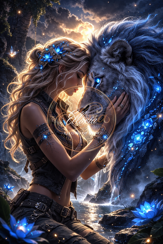 Diamond Painting Femme & Lion Lumineux – Lien Sacré | Elloria