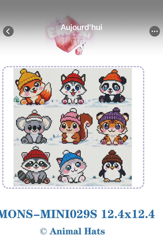 🐾 Mini kit diamond painting artisanal – Animal Hats – 9 mini motifs – Elloria