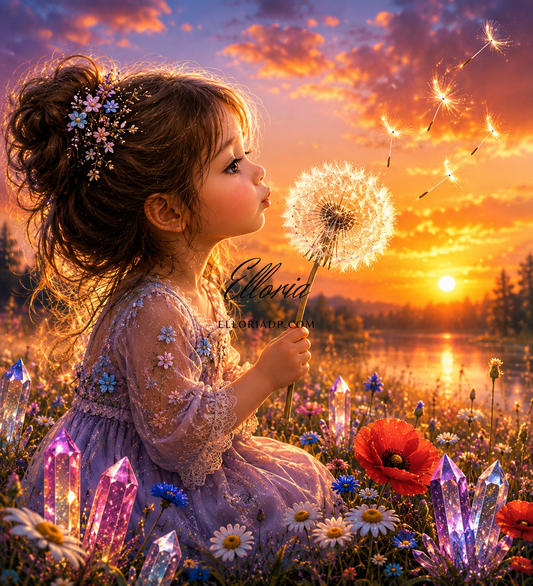 Souffle de Lumière | Diamond Painting fille, pissenlit et coucher de soleil Elloria
