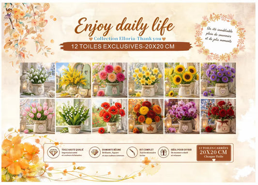 Enjoy Daily Life – Collection Exclusive de 12 Diamond Paintings Fleurs 20x20 cm | Elloria