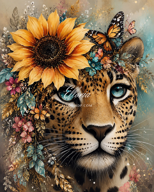 Le Gardien des Tournesols | Diamond Painting léopard fleuri Elloria