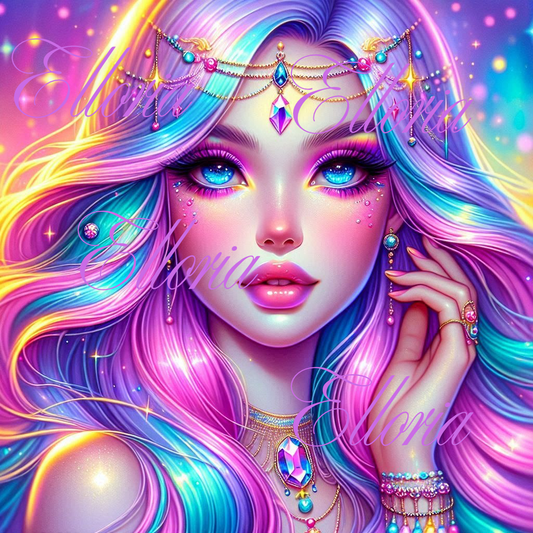💎 Kit Diamond Painting Elloria – “Lyanna, l’éclat des joyaux arc-en-ciel”