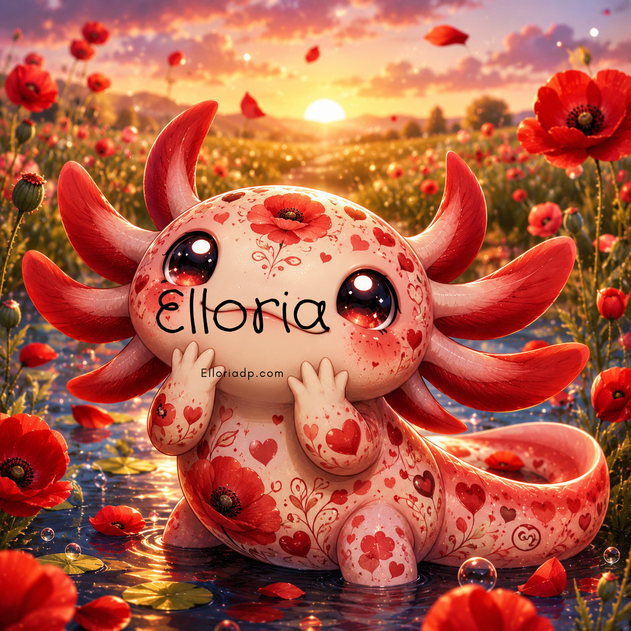 Diamond Painting Axolotl Coquelicots – Animal Fantasy Rouge & Fleurs | Elloria