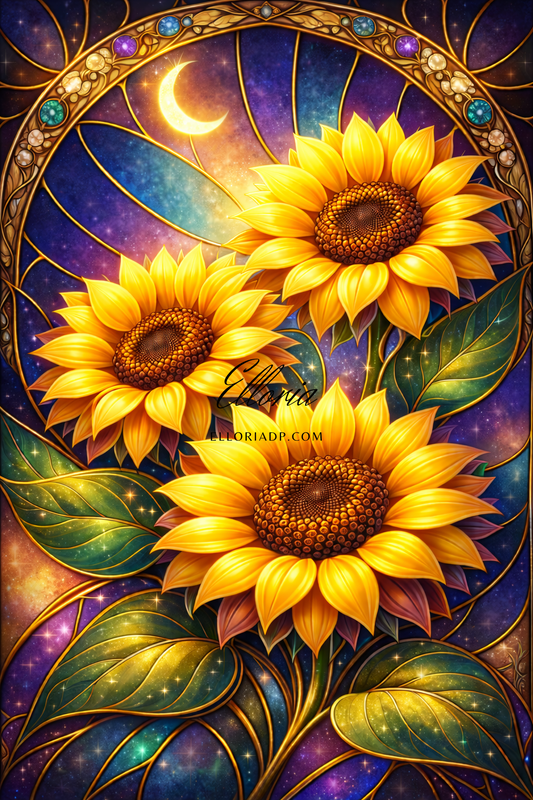 Diamond Painting Tournesols Vitrail & Ciel Galactique – Lumière Dorée | Elloria
