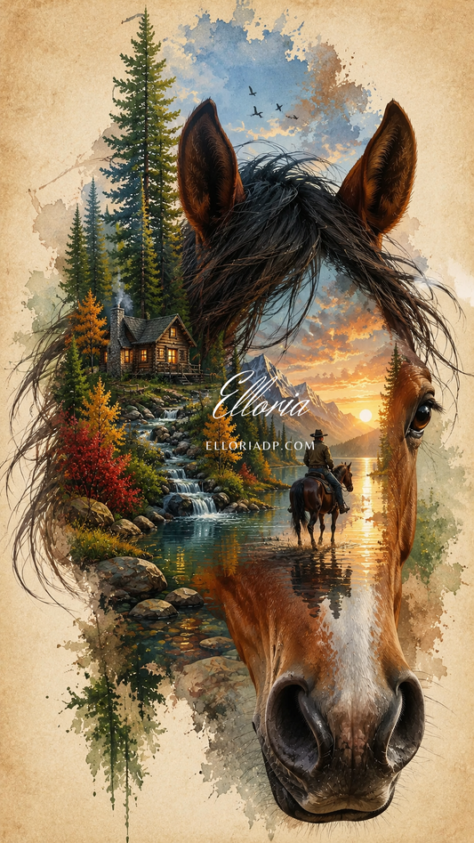 L’Âme des Grands Espaces | Diamond Painting cheval western paysage montagne Elloria