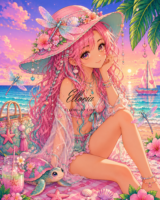 Diamond Painting Fille Tropicale Kawaii – Plage Rose & Univers Summer Fantasy | Collection Premium Elloria