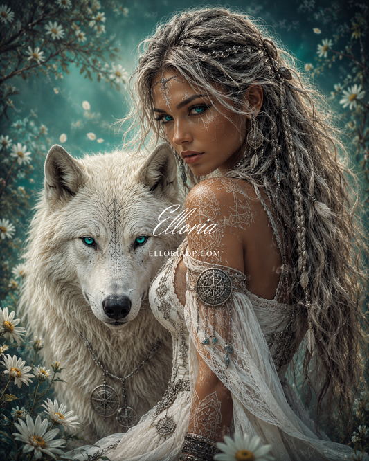 Diamond Painting Gardienne du Loup Blanc – Femme Fantasy, Loup Mystique & Nature Enchantée | Elloria