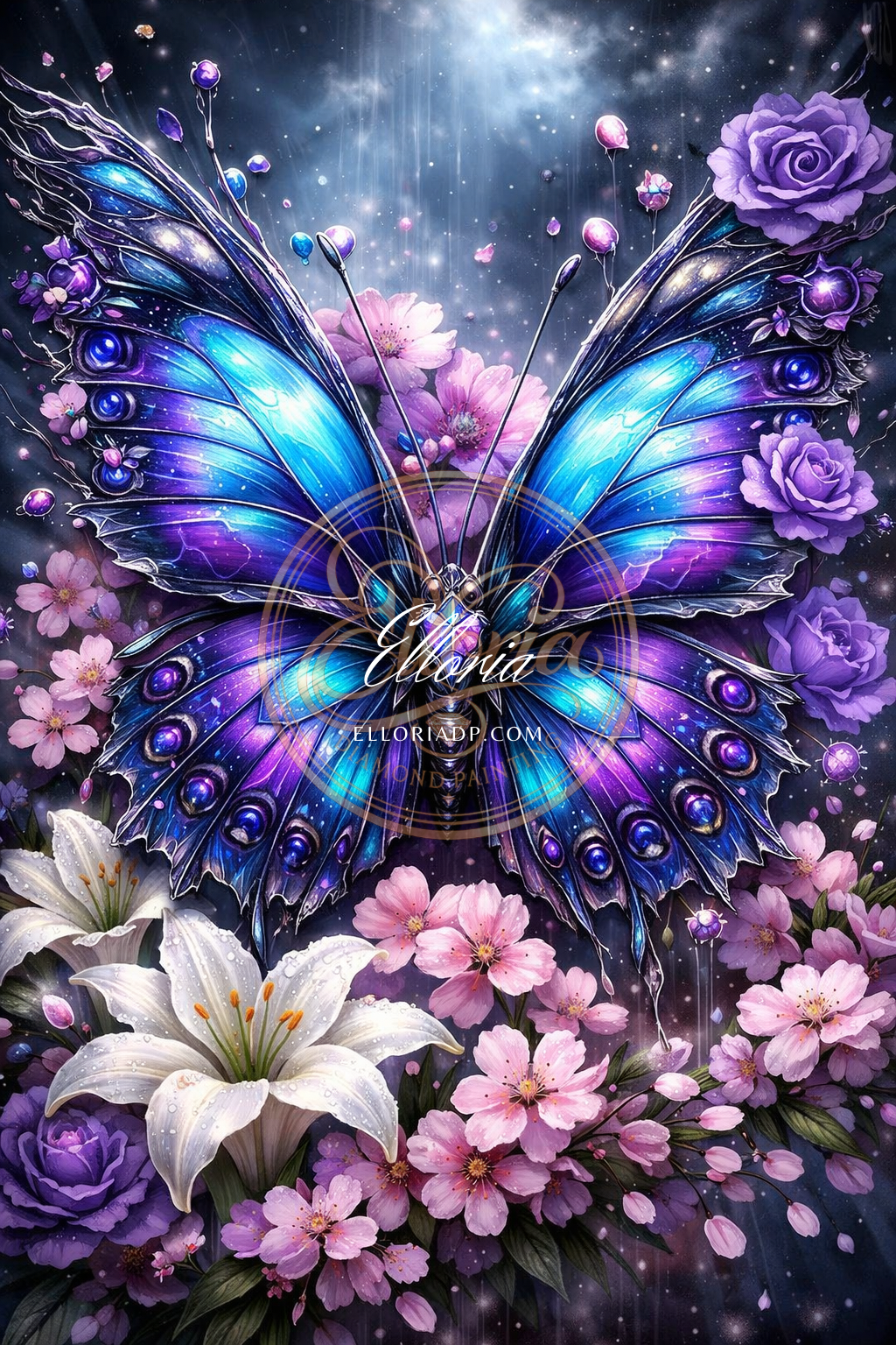 Diamond Painting Papillon Cosmique & Fleurs – Éveil Lumineux | Elloria