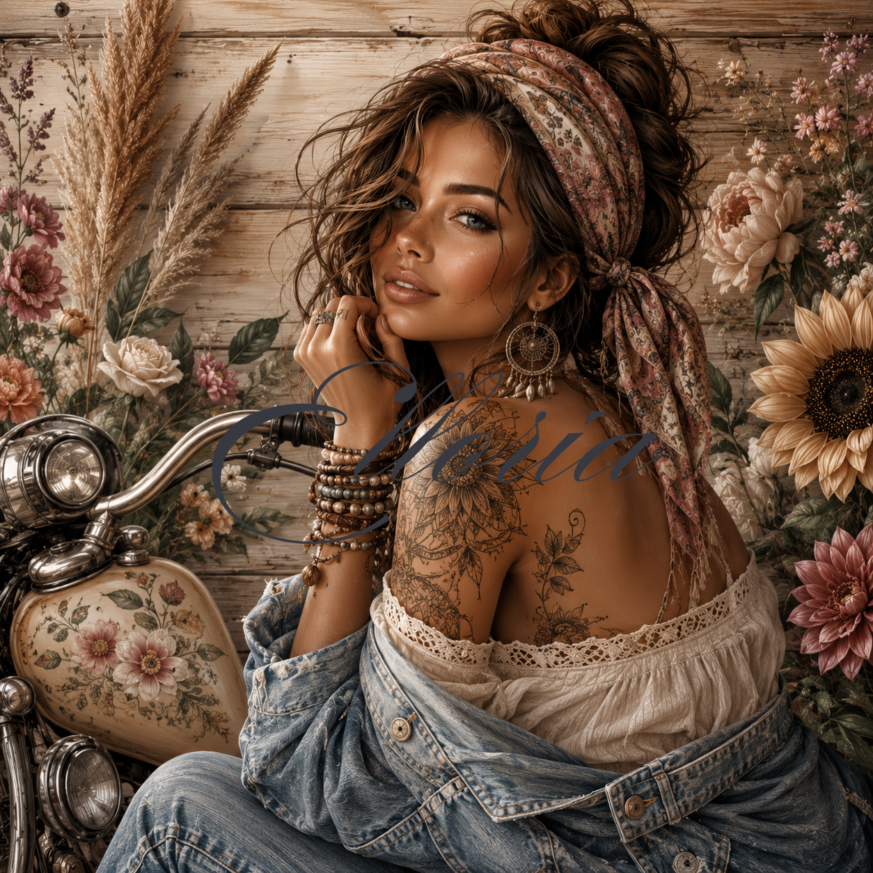 Diamond Painting Esprit Bohème | Femme Vintage & Moto Fleurie | Création Originale Elloria