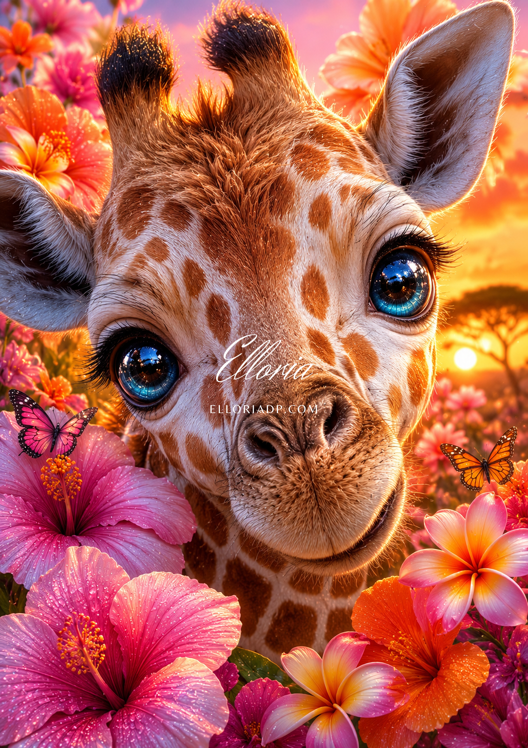 Diamond Painting Bébé Girafe Tropicale – Sunset Fleuri & Regard Étoilé | Collection Premium Elloria