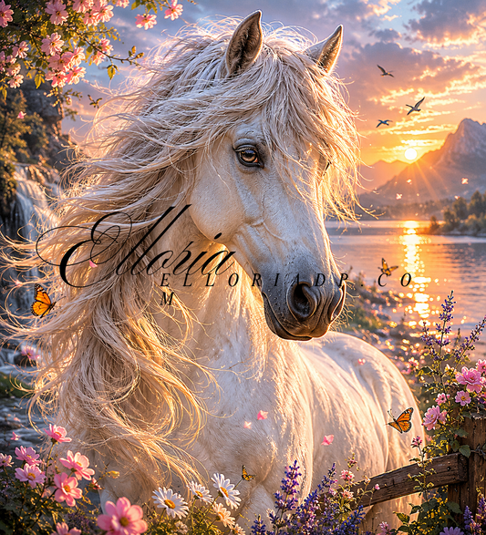 Diamond Painting Cheval Blanc Féérique – Coucher de Soleil & Nature Enchantée | Collection Premium Elloria