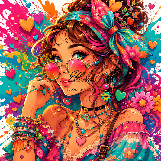 Diamond Painting Femme Bohème Pop Art – Portrait Coloré, Lunettes Vintage & Cœurs Multicolores | Collection Premium Elloria