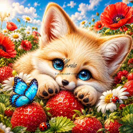 Fraises et Papillons | Diamond Painting renardeau, fraises et fleurs Elloria