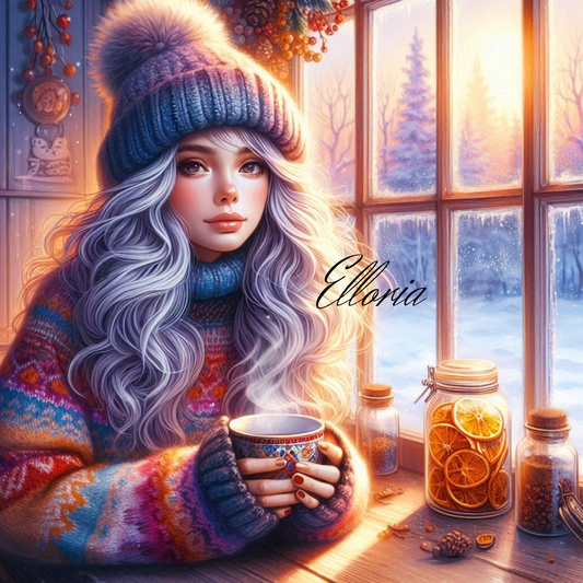 Diamond Painting – La Jeune Femme au Thé d’Hiver | Illustration Magique Elloria