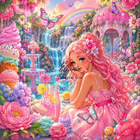 Diamond Painting Jardin des Douceurs Enchantées – Jeune Femme Fantasy, Cascade Arc-en-Ciel & Gourmandises | Collection Premium Elloria