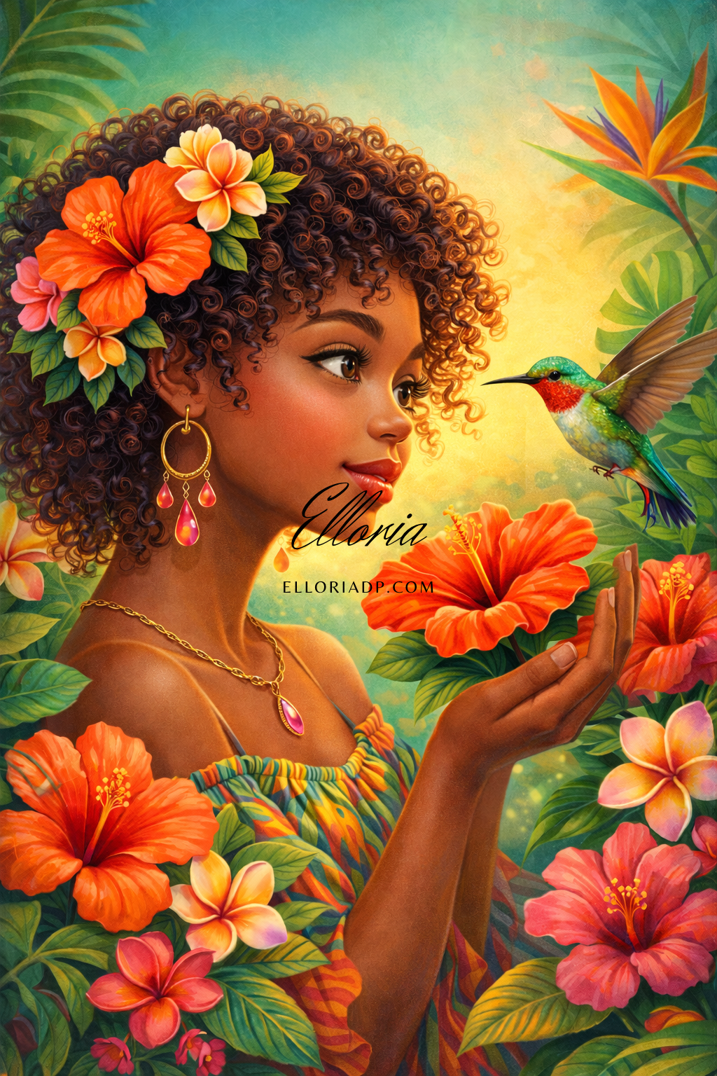 Diamond Painting Femme Tropicale & Colibri – Fleurs Exotiques & Évasion Solaire | Collection Premium Elloria