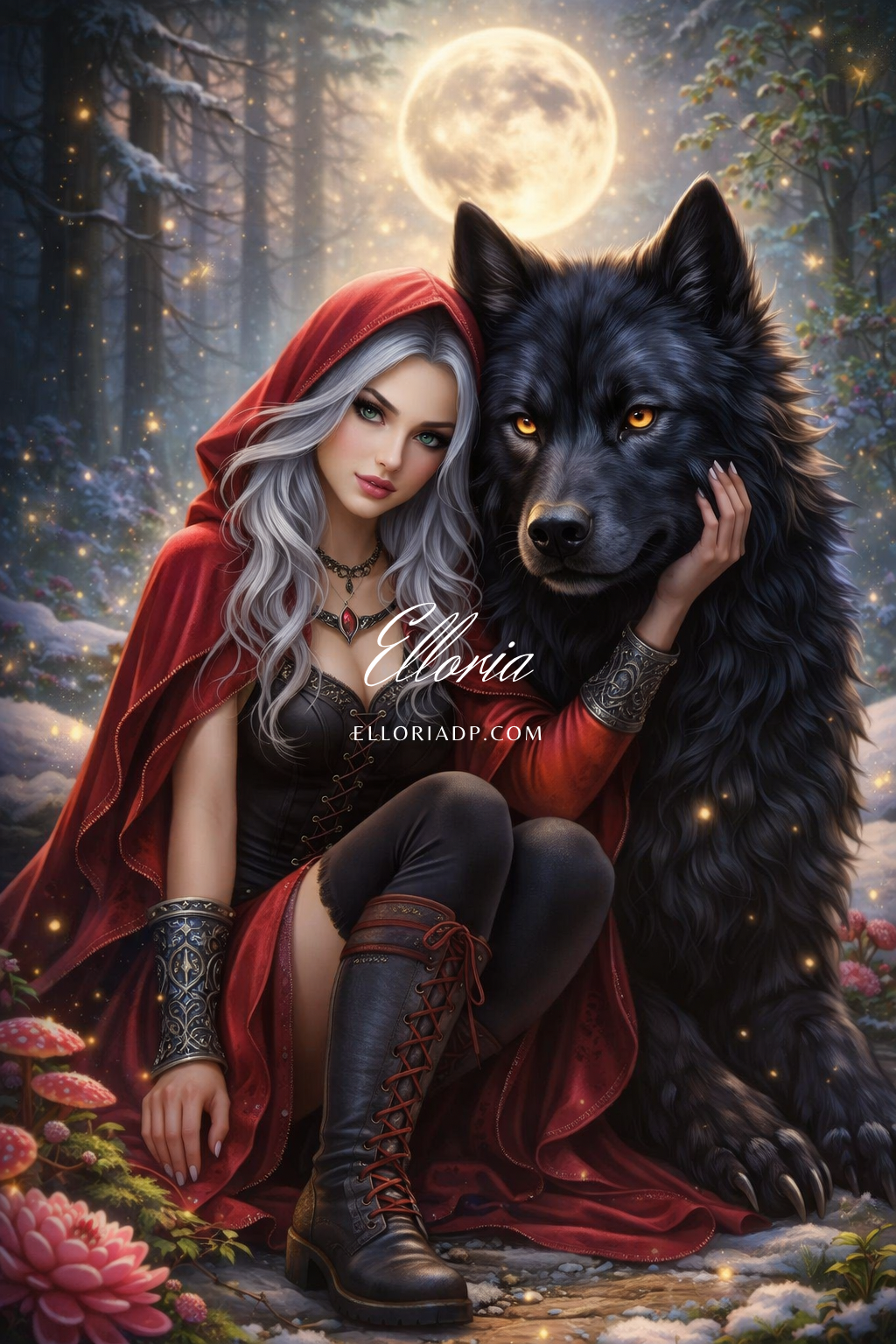 Diamond Painting Femme au Capuchon Rouge & Loup – Lune Enchantée | Elloria