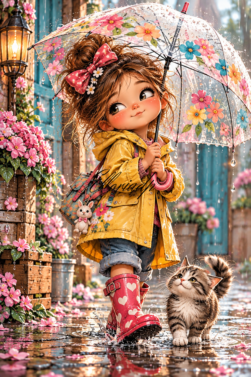 Zoé sous la pluie – Diamond Painting petite fille et chat | Elloria