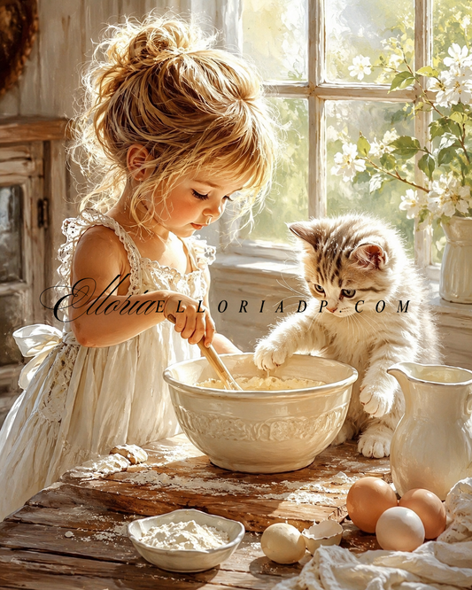 Diamond Painting Petite Pâtissière & Chaton – Douceur Cottagecore | Collection Premium Elloria