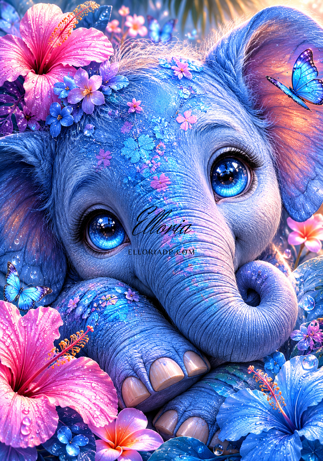 Diamond Painting Bébé Éléphant Tropical – Fleur Bleue & Regard Cristal | Collection Premium Elloria