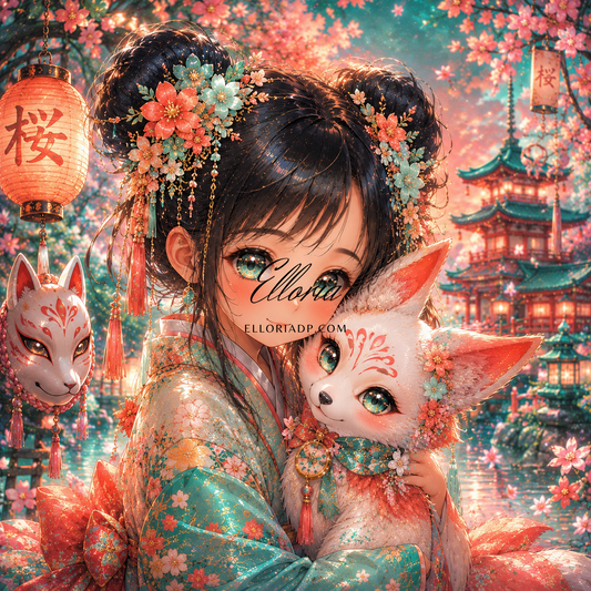 Diamond Painting Petite Gardienne des Cerisiers – Renard Kawaii, Sakura & Temple Japonais | Elloria