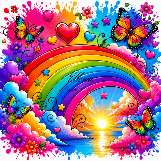 Diamond Painting Arc-en-Ciel Pop Art – Papillons Multicolores, Cœurs & Explosion de Couleurs | Collection Premium Elloria