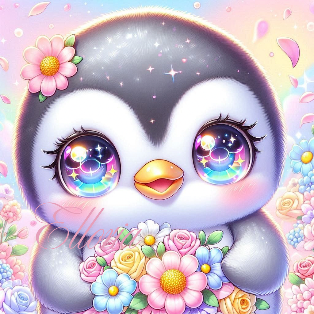 Diamond Painting – Bébé Pingouin « Bouquet Arc-en-ciel » 🌈🐧🌸