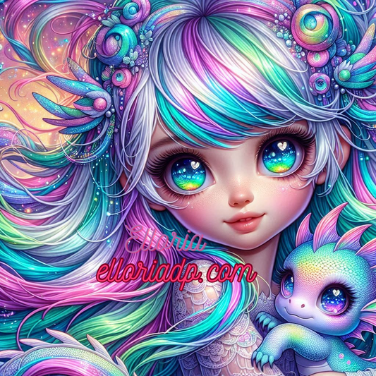 ✨ Diamond Painting – Élya et son petit dragon arc-en-ciel ✨
