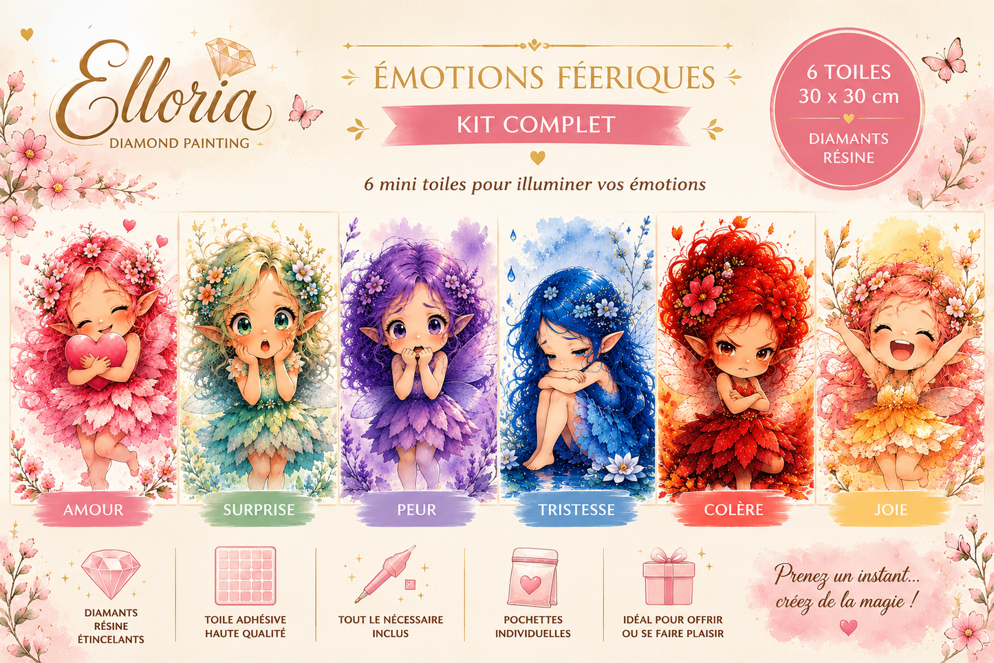 Kit Diamond Painting Émotions Féeriques | 6 mini-toiles Elloria