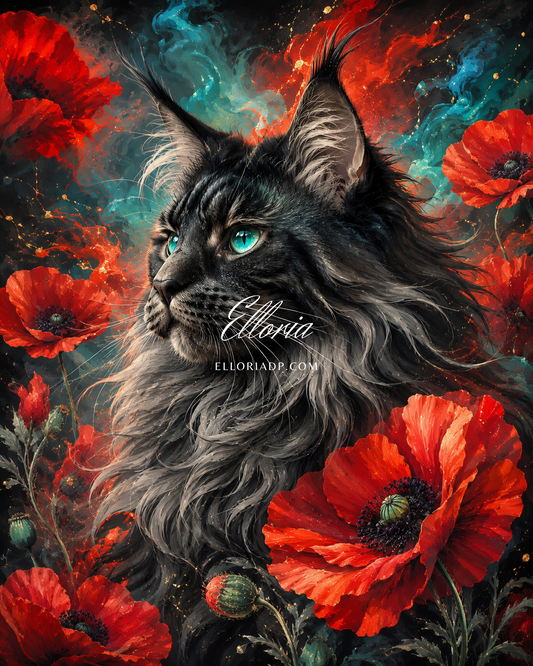 Diamond Painting Chat Mystique & Coquelicots – Regard Félin Envoûtant | Collection Premium Elloria